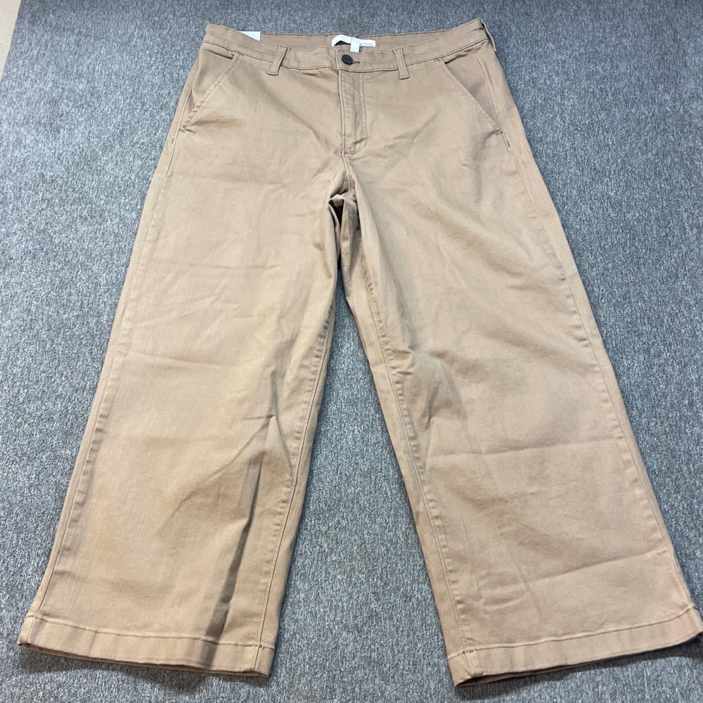 Ella Moss Women Tan Khaki Wide Leg Cropped Pants 14 Stretch Cotton Relaxed NWT